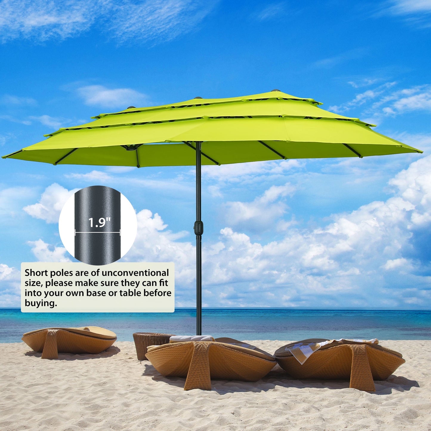Ainfox 15ft Large Patio Umbrella, 3-Tiers Outdoor Double-Sided Rectangle Market Heavy Duty Umbrellas, Grass Green