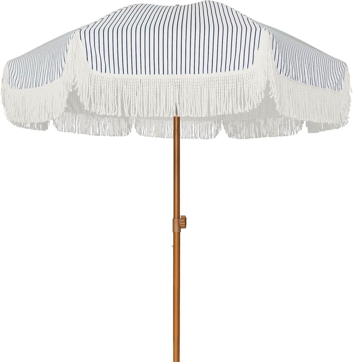 AMMSUN 7ft Fringe Patio Umbrella, Outdoor Table Tassels Umbrella with Push Button Tilt UPF50+ Shade Shelter,Cream White Camping Sun