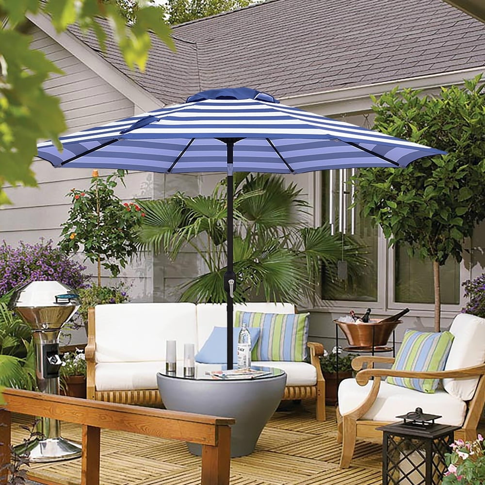Abble 9FT Black and White Stripe Outdoor Patio Umbrella with Push Button Tilt and Crank Handle, Market Umbrella with 8 Sturdy Umbrella Ribs, Waterproof for Garden Deck Backyard Pool