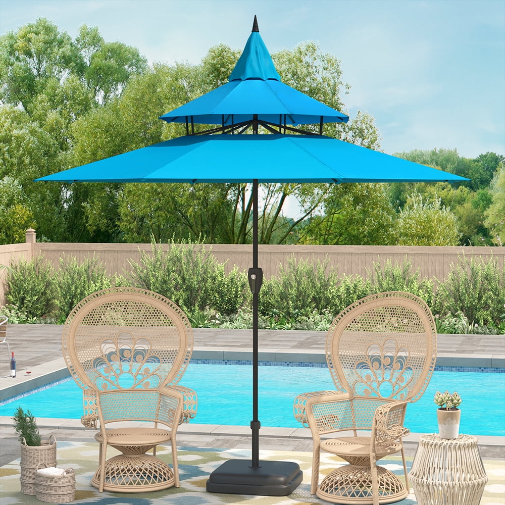 Abble 9ft Patio Umbrella with Crank 3-Tier Pagoda Outdoor Market Umbrella with 8 Ribs for Garden Deck Backyard Pool, Tan