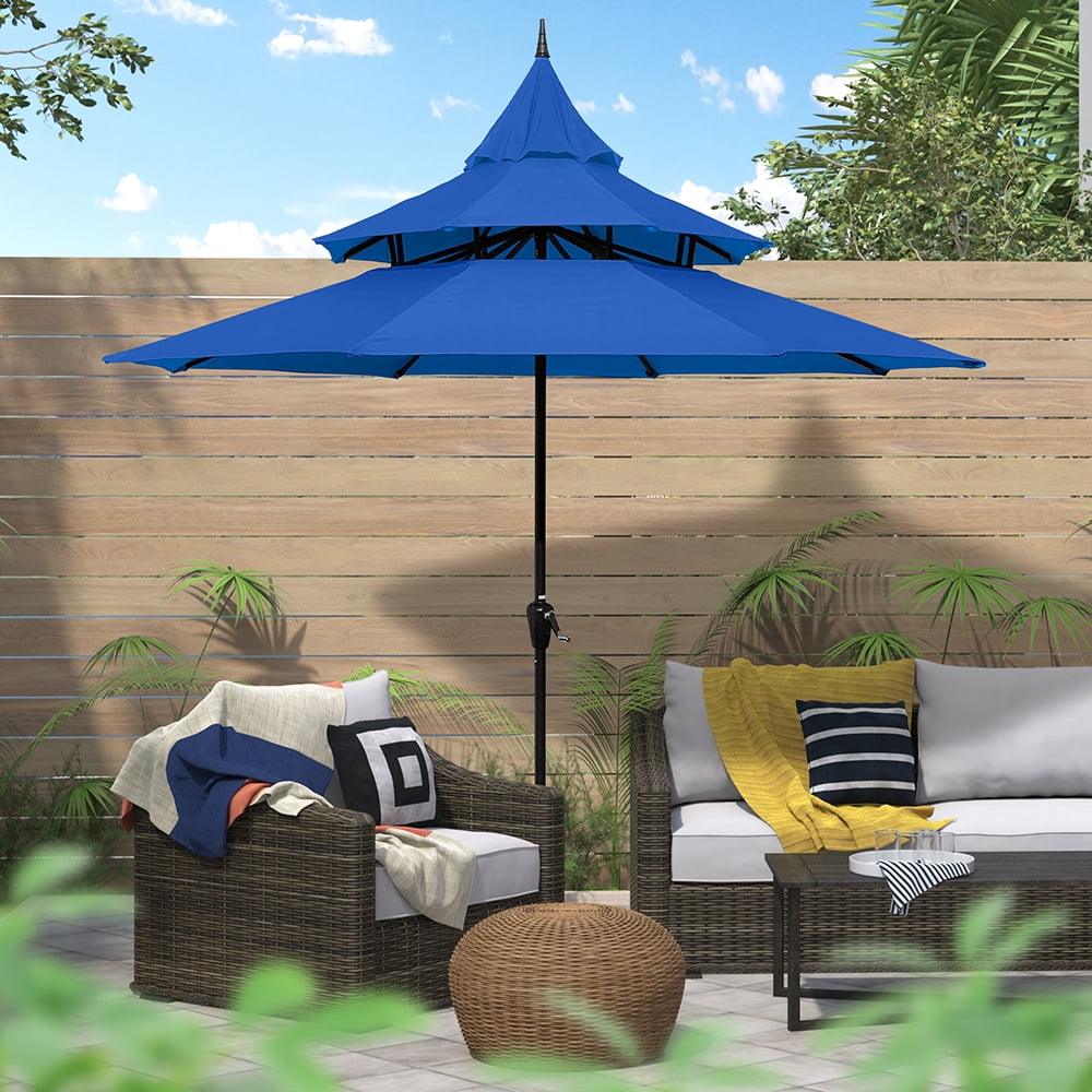 Abble 9ft Patio Umbrella with Crank 3-Tier Pagoda Outdoor Market Umbrella with 8 Ribs for Garden Deck Backyard Pool, Tan
