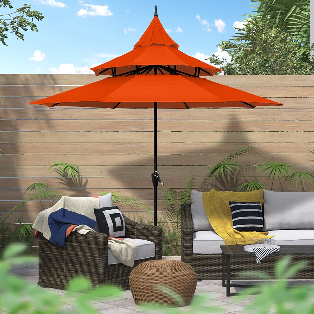 Abble 9ft Patio Umbrella with Crank 3-Tier Pagoda Outdoor Market Umbrella with 8 Ribs for Garden Deck Backyard Pool, Tan