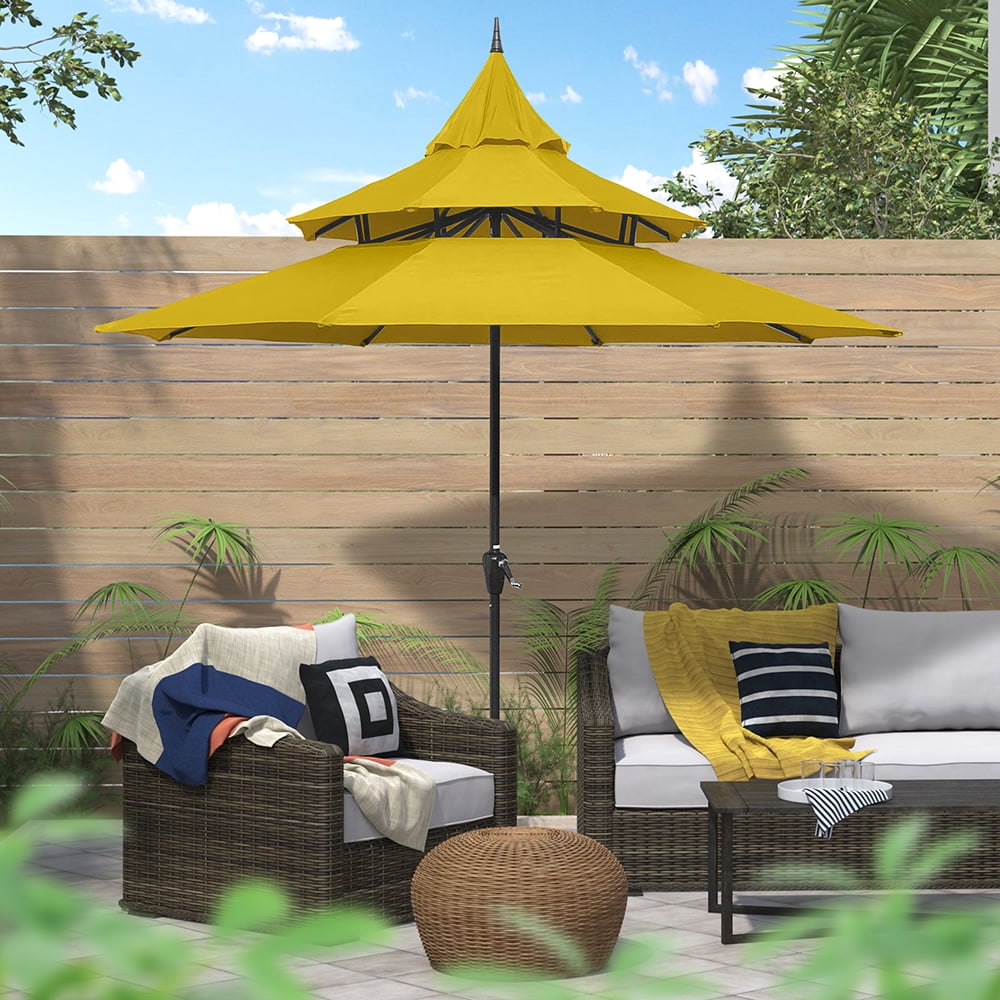 Abble 9ft Patio Umbrella with Crank 3-Tier Pagoda Outdoor Market Umbrella with 8 Ribs for Garden Deck Backyard Pool, Tan