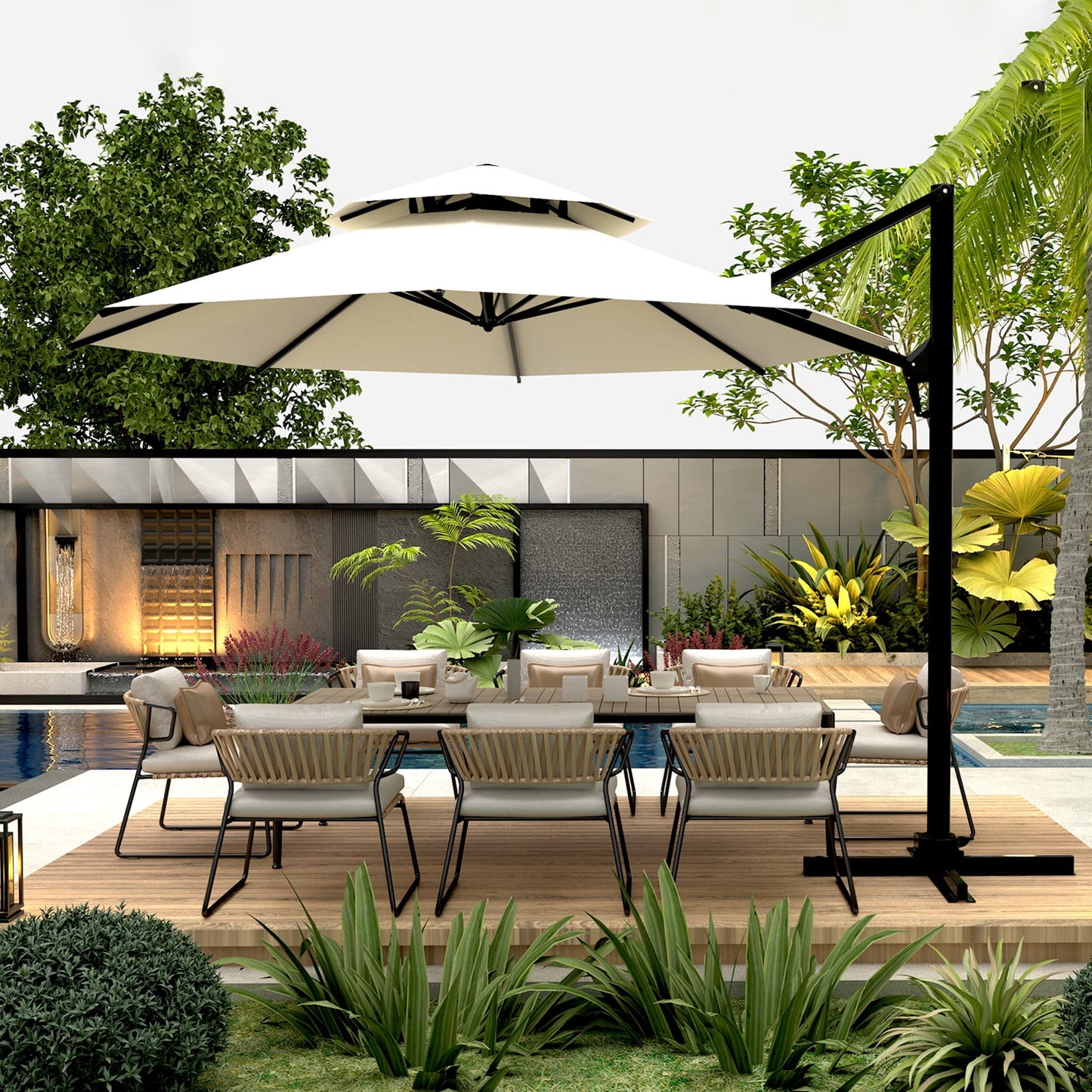 Ainfox 10ft Double Top Heavy-Duty Patio Cantilever Umbrella with Cross Base,5-Year-Non-Fading Outdoor Large Offset Hanging Aluminum Rotation Sun Shade Umbrella with 360°Rotation Adjustable,Beige