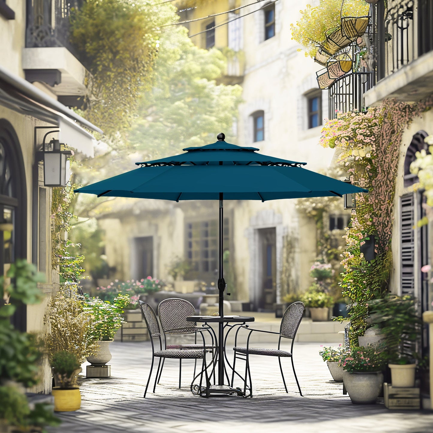 Alpha Joy 10ft 3 Tier Auto-Tilt Outdoor Patio Umbrella Beach Garden Double Vented Table Umbrella with Push Button and Crank, Beige