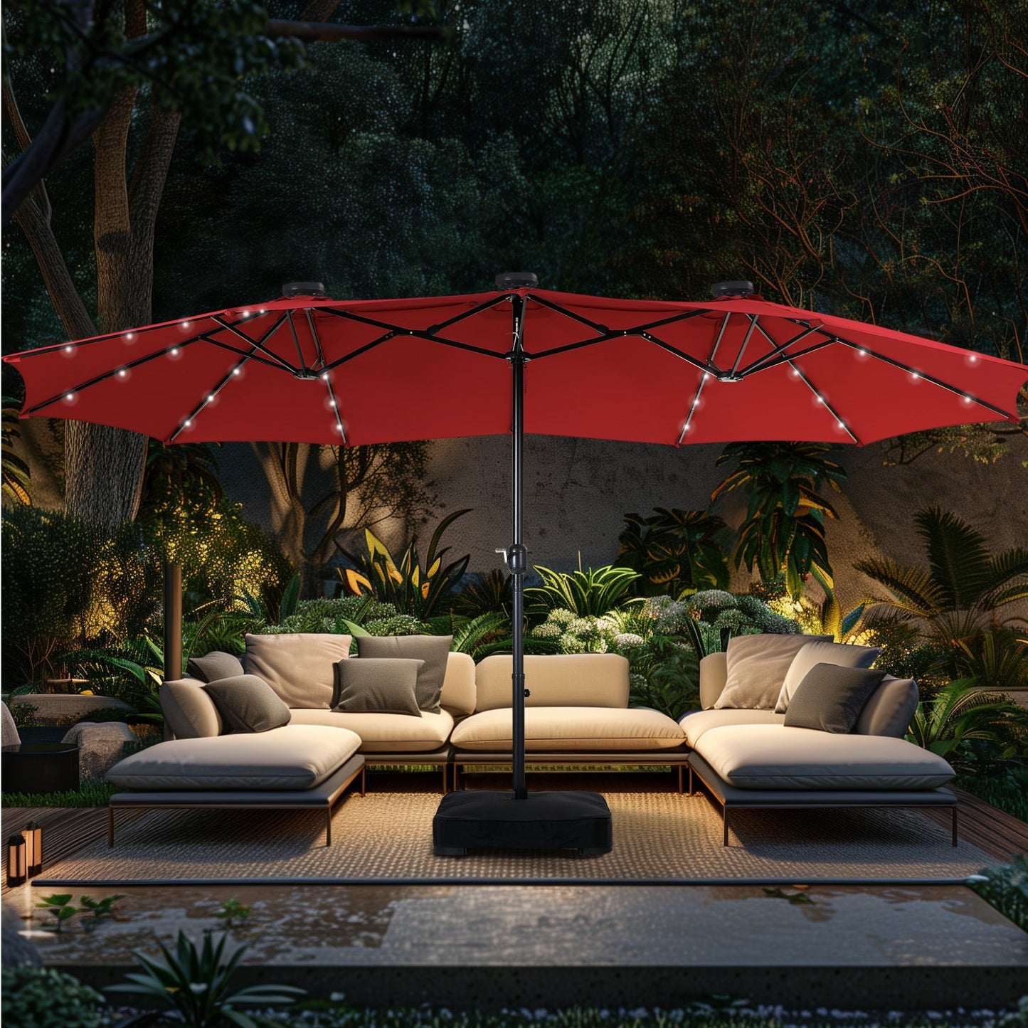 Alpha Joy 15ft Extra Large Outdoor Patio Double-Sided Umbrella with Solar Lights & Umbrella Base, Haze Blue