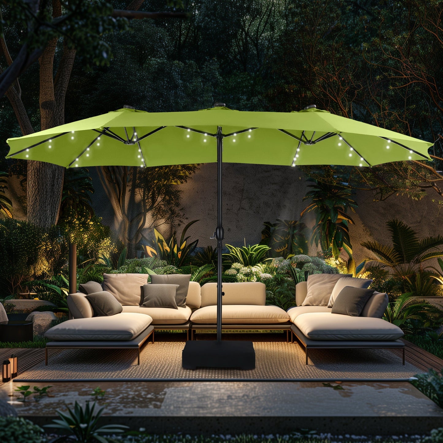 Alpha Joy 15ft Extra Large Outdoor Patio Double-Sided Umbrella with Solar Lights & Umbrella Base, Haze Blue