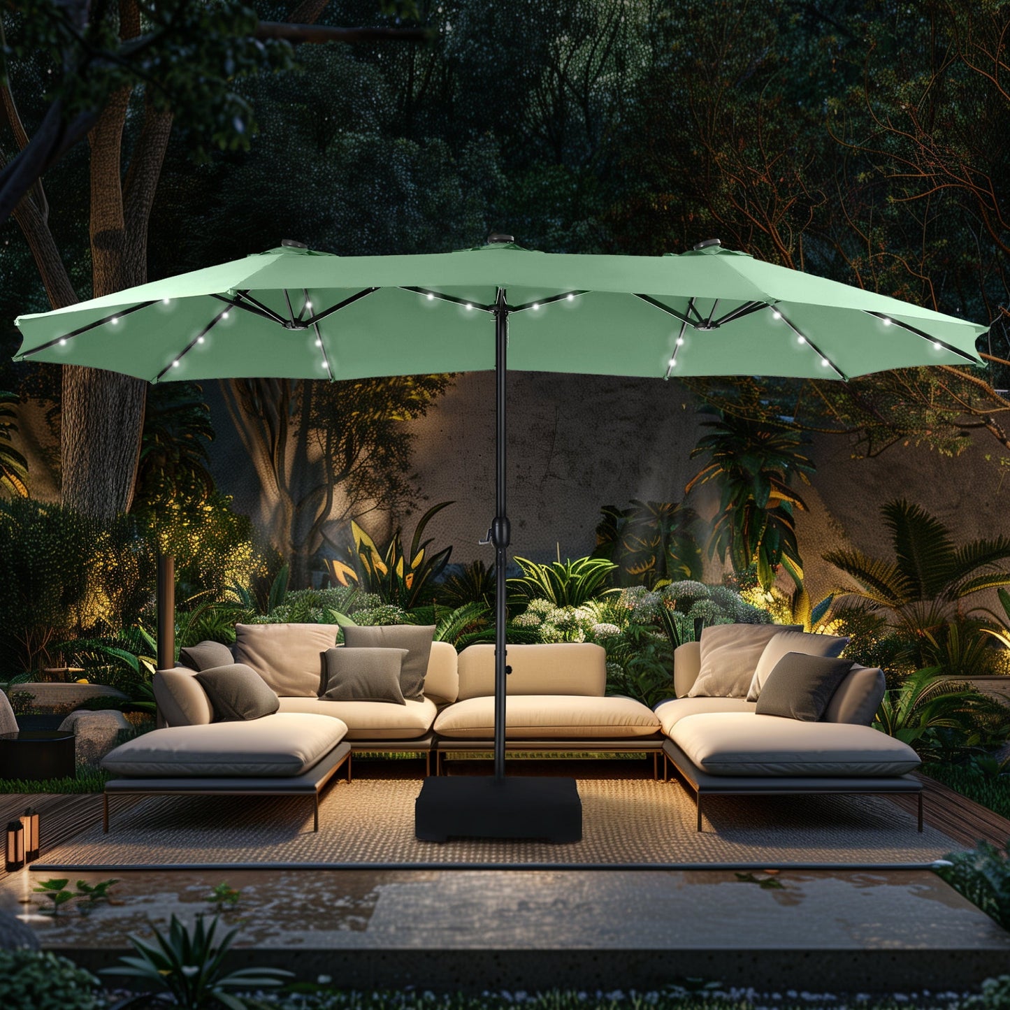 Alpha Joy 15ft Extra Large Outdoor Patio Double-Sided Umbrella with Solar Lights & Umbrella Base, Haze Blue