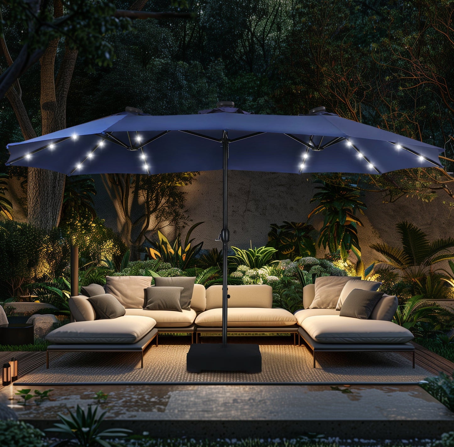 Alpha Joy 15ft Extra Large Outdoor Patio Double-Sided Umbrella with Solar Lights & Umbrella Base, Haze Blue