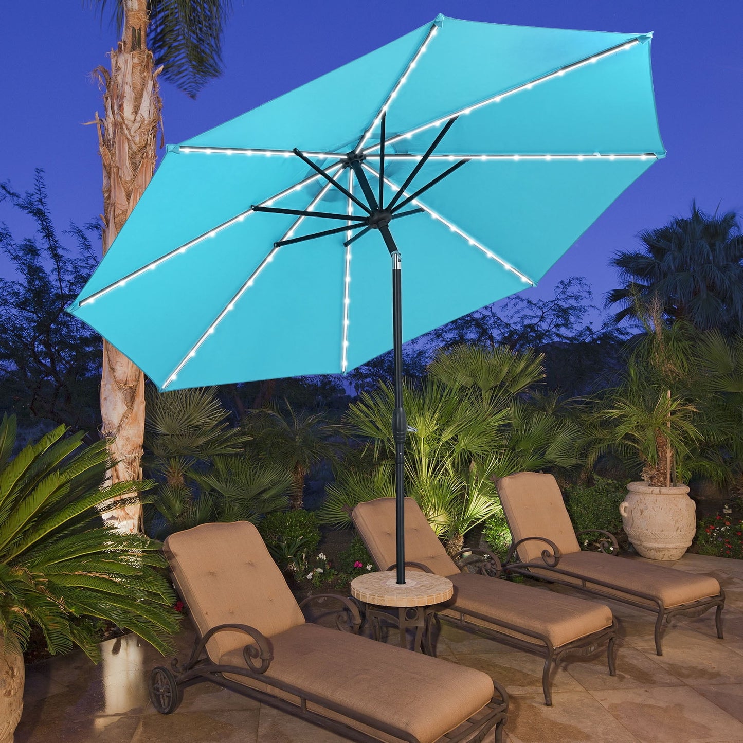 Autlaycil 10' Solar Patio Umbrella 64 LED Lighted, Strip Lights Outdoor Market Table Umbrella with Push Button Tilt and Crank, Sturdy Pole, Easy to Set (Blue)