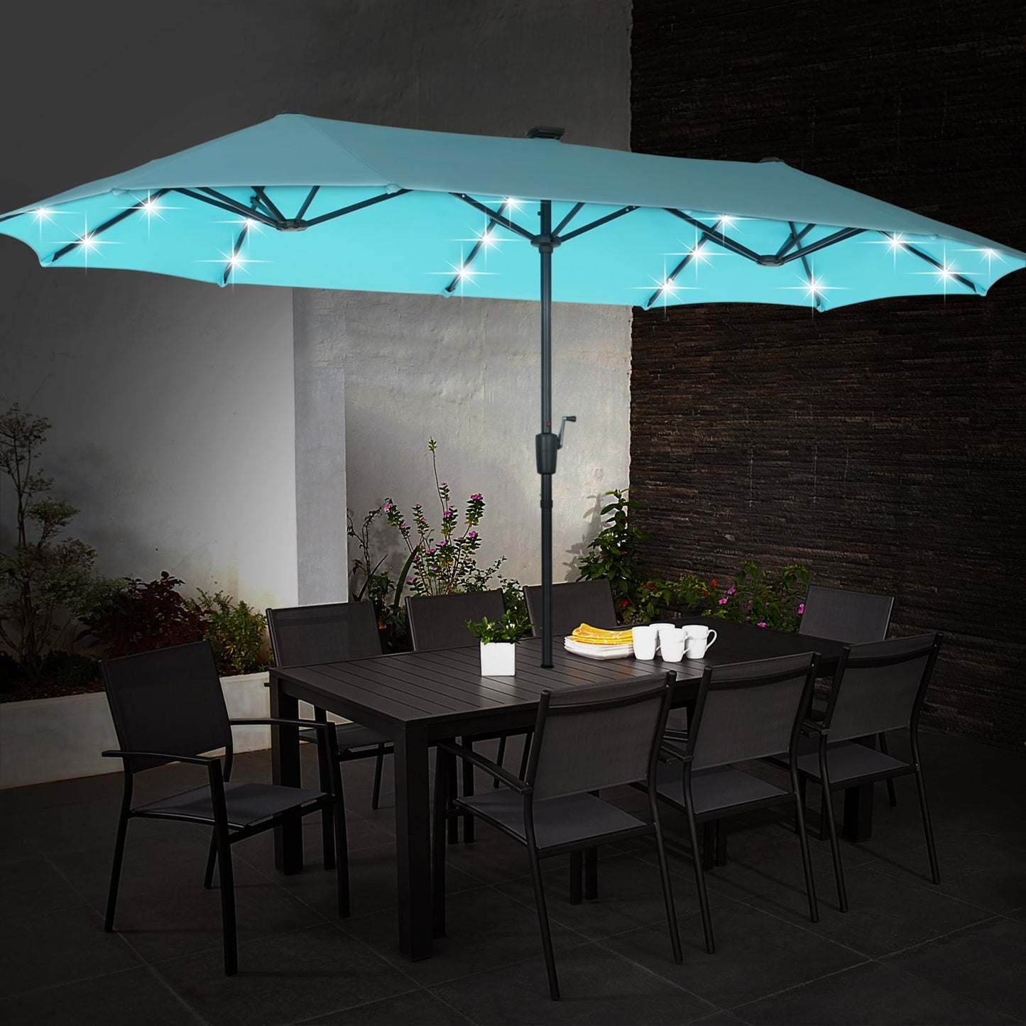 Autlaycil 13' Market Patio Umbrella with Crank System and 36 Solar Powered LED Lights for Outdoor, Market, Beach, Garden, Yard, Party, Blue