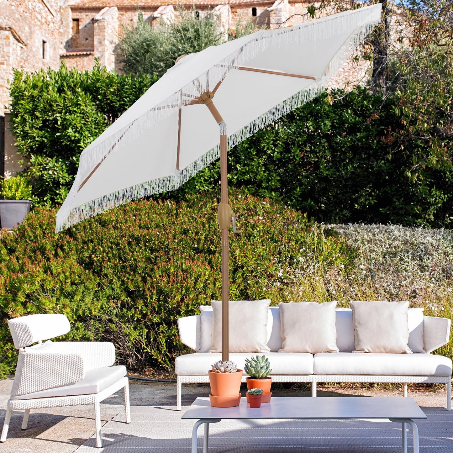 Autlaycil 7.5 ft Fringe Patio Umbrella, Outdoor Table Tassels Umbrella with Push Button Tilt and Crank (White)