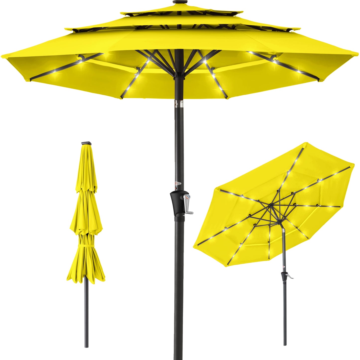 Best Choice Products 10ft 3-Tier Solar Patio Umbrella w/ 24 LED Lights, Tilt Adjustment, Easy Crank - Tan