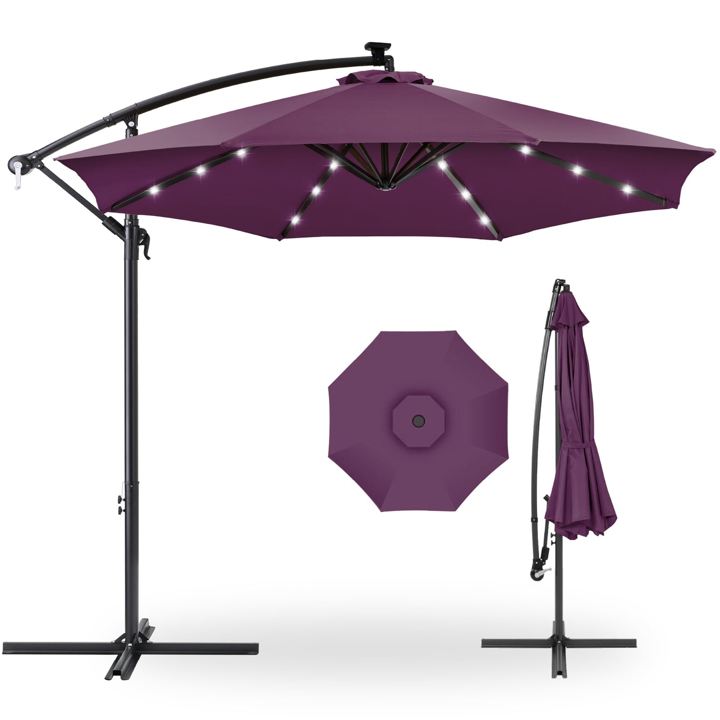 Best Choice Products 10ft Solar LED Offset Hanging Outdoor Market Patio Umbrella w/ Adjustable Tilt - Brown