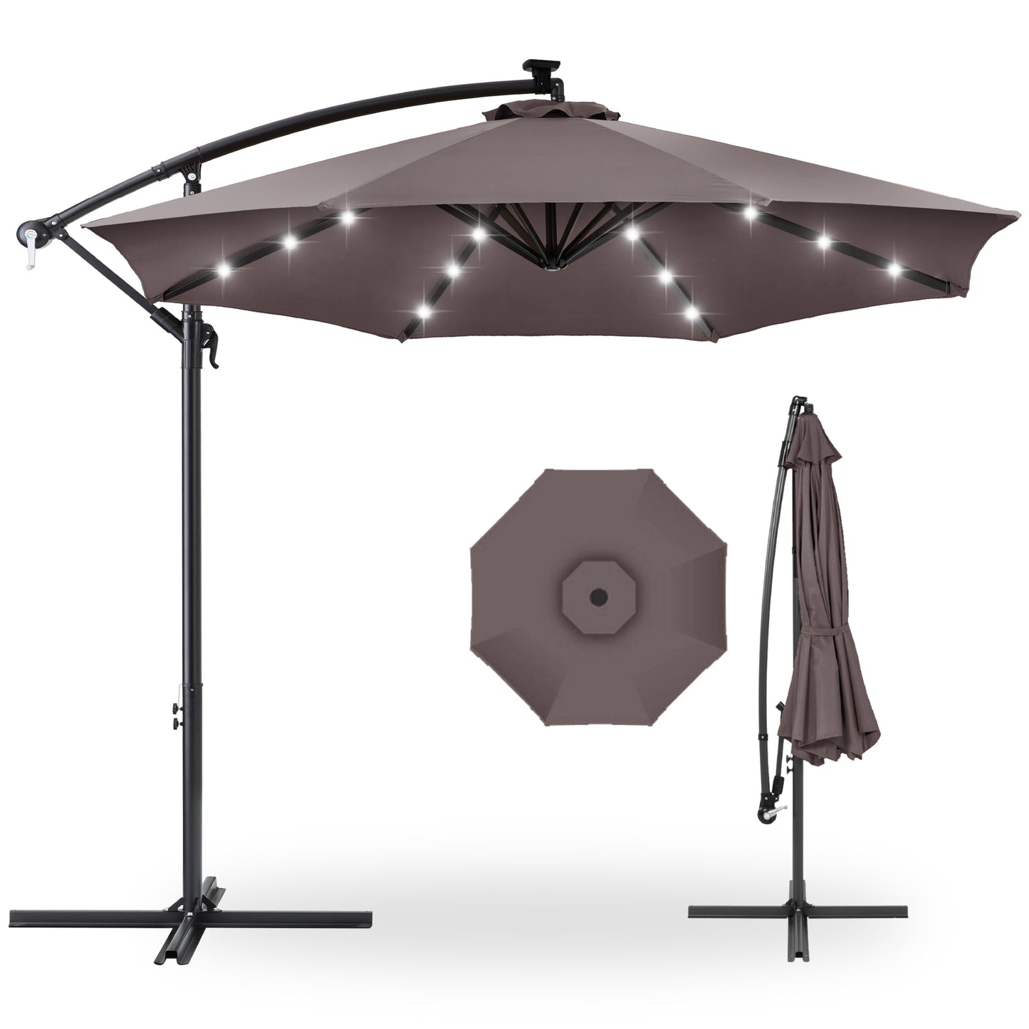 Best Choice Products 10ft Solar LED Offset Hanging Outdoor Market Patio Umbrella w/ Adjustable Tilt - Brown