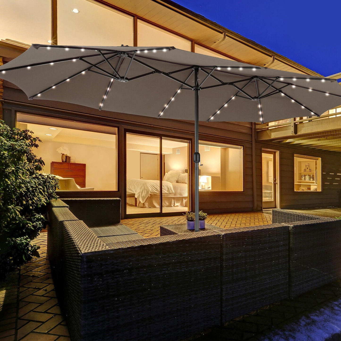 Gymax Outdoor 15' Double-Sided Patio Umbrella 48 Solar LED Lights Crank & Base Navy