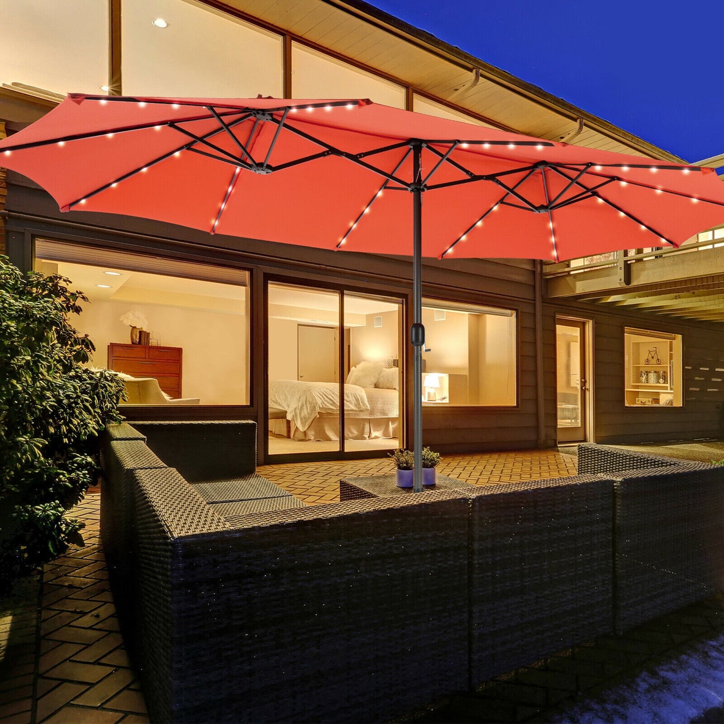 Gymax Outdoor 15' Double-Sided Patio Umbrella 48 Solar LED Lights Crank & Base Navy