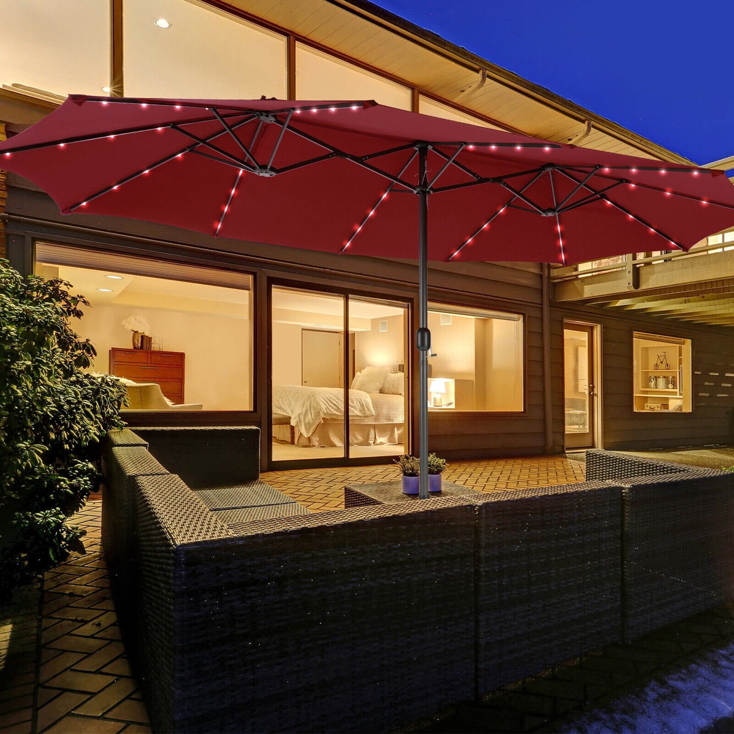 Gymax Outdoor 15' Double-Sided Patio Umbrella 48 Solar LED Lights Crank & Base Navy