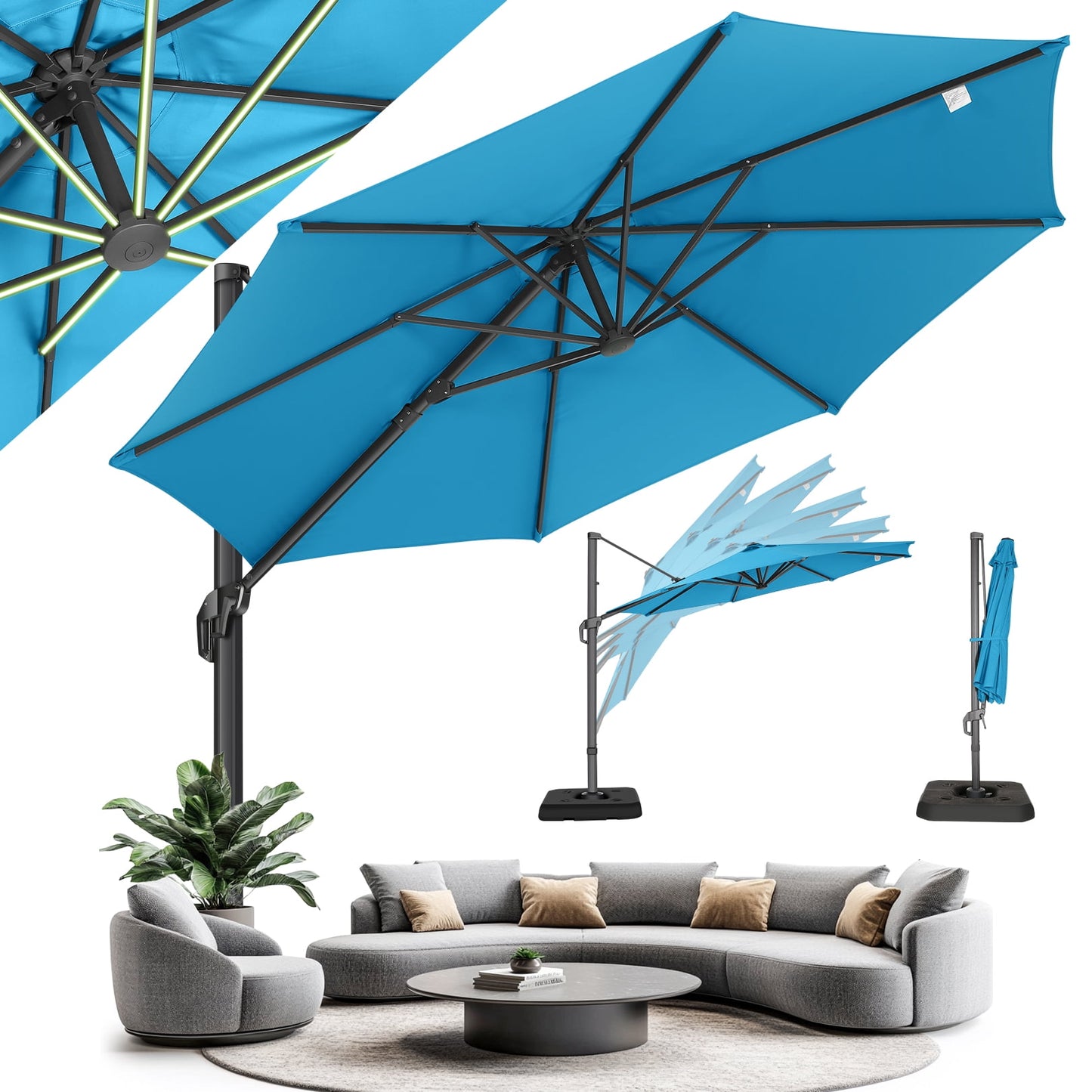 HOTEEL 10 Ft Patio Umbrella Outdoor Cantilever Square Umbrella Aluminum Offset Umbrella with Base, 360° Rotation,Gray
