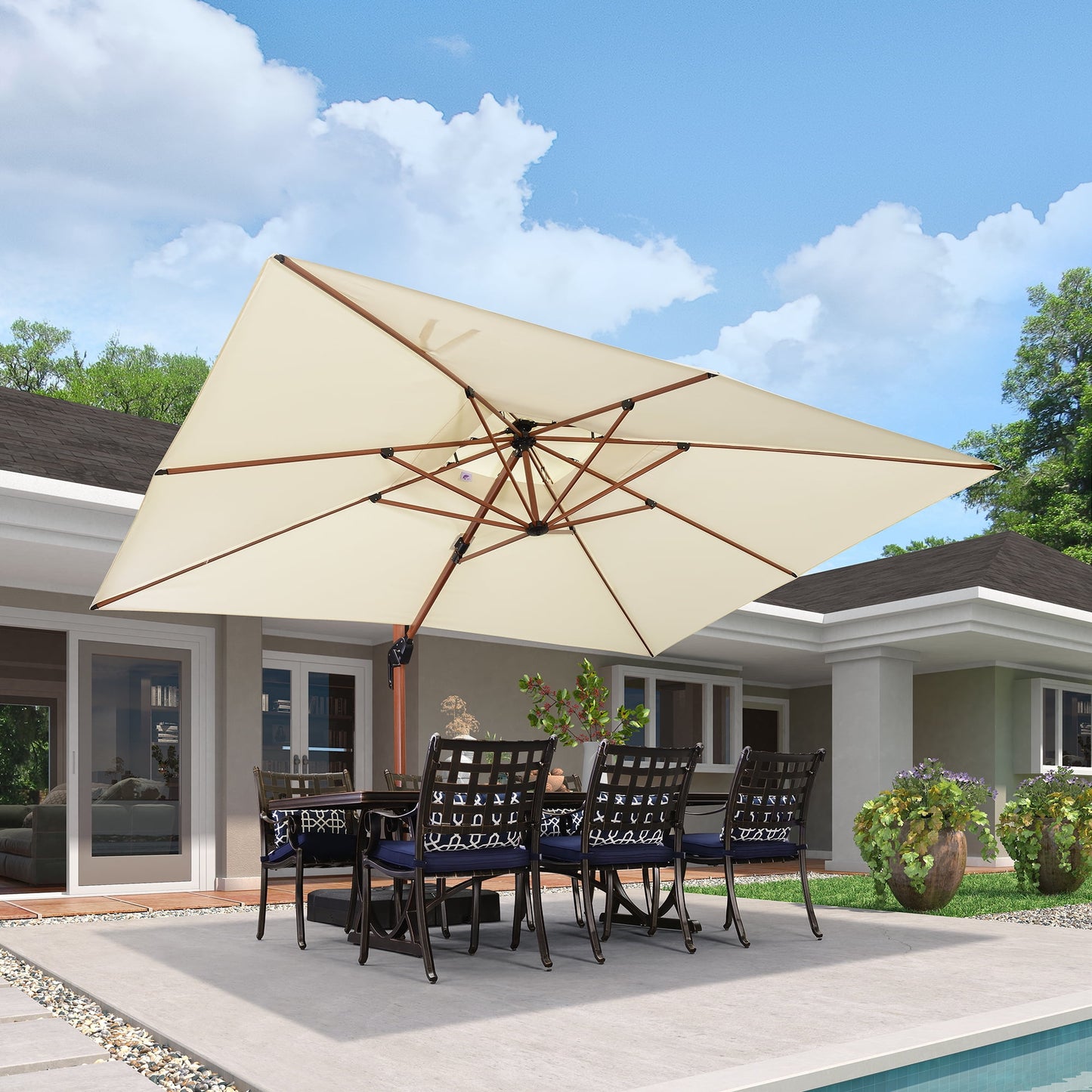 PURPLE LEAF 9FT Deluxe Square Wood Grain Patio Umbrella, Large Offset Cantilever Umbrella with 360° Rotation, Beige