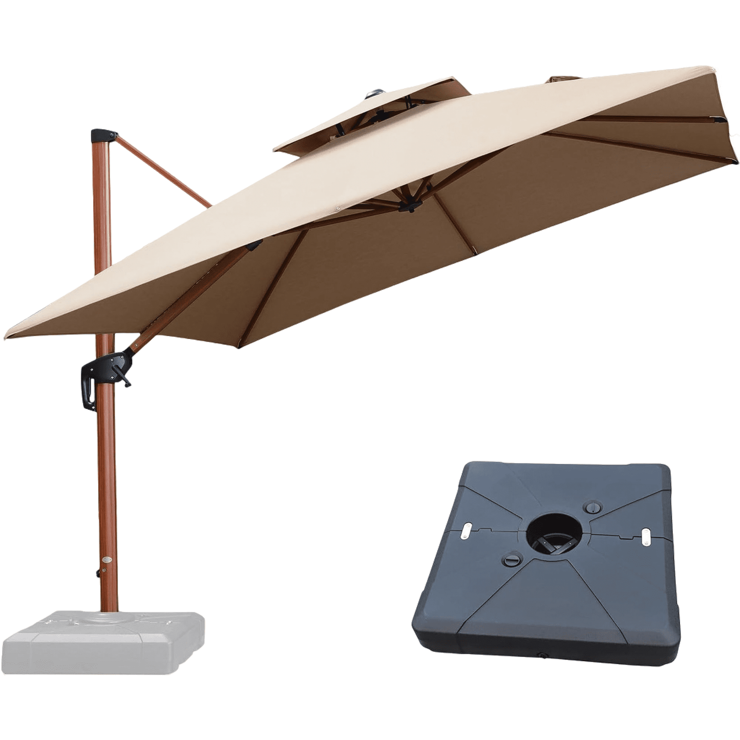 PURPLE LEAF 9FT Deluxe Square Wood Grain Patio Umbrella, Large Offset Cantilever Umbrella with 360° Rotation, Beige