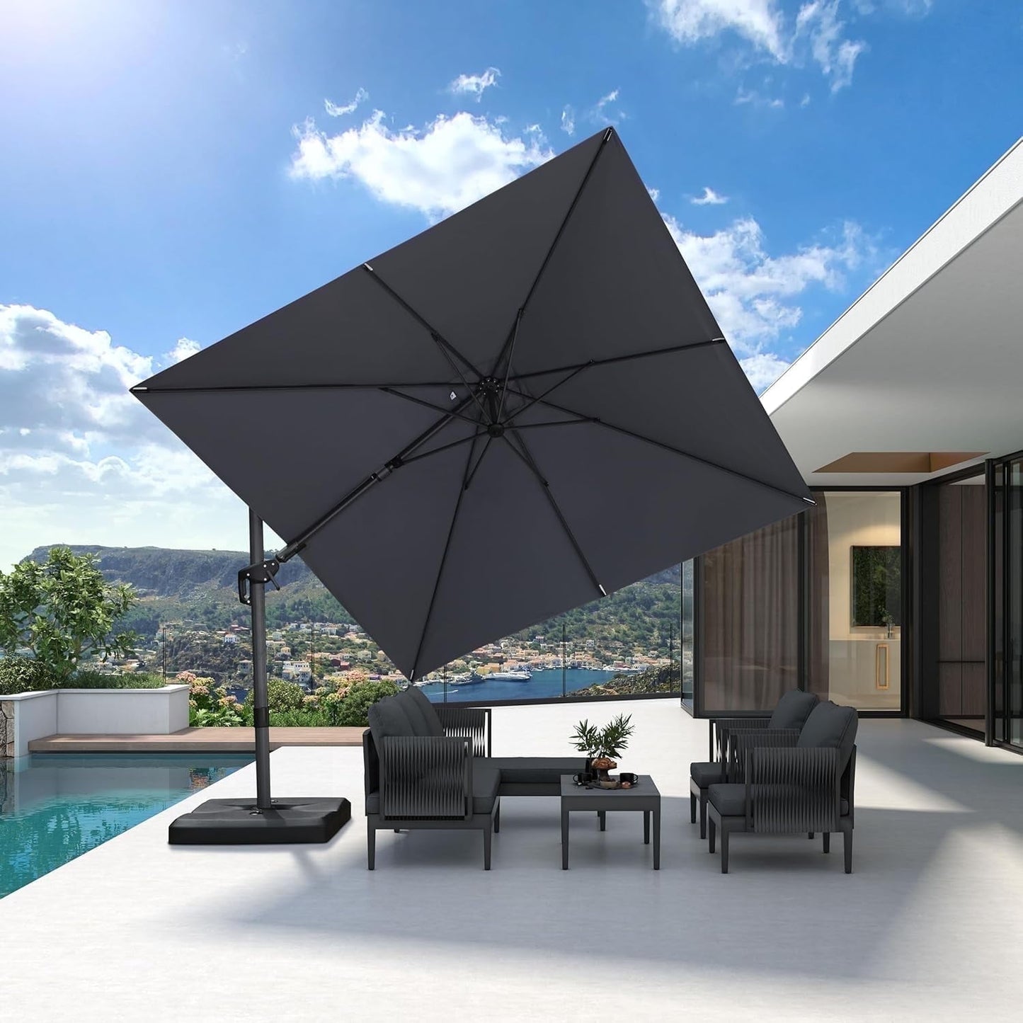 PURPLE LEAF 10x10 Ft Cantilever Umbrella Left-right Tilting Swivel Square Outdoor Patio Umbrella Large Offset Aluminum Umbrella with 360°Rotation Adjustable Pool Umbrella,Gray