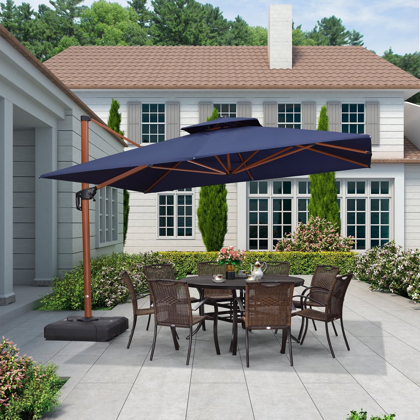 PURPLE LEAF 9FT Deluxe Square Wood Grain Patio Umbrella, Large Offset Cantilever Umbrella with 360° Rotation, Beige