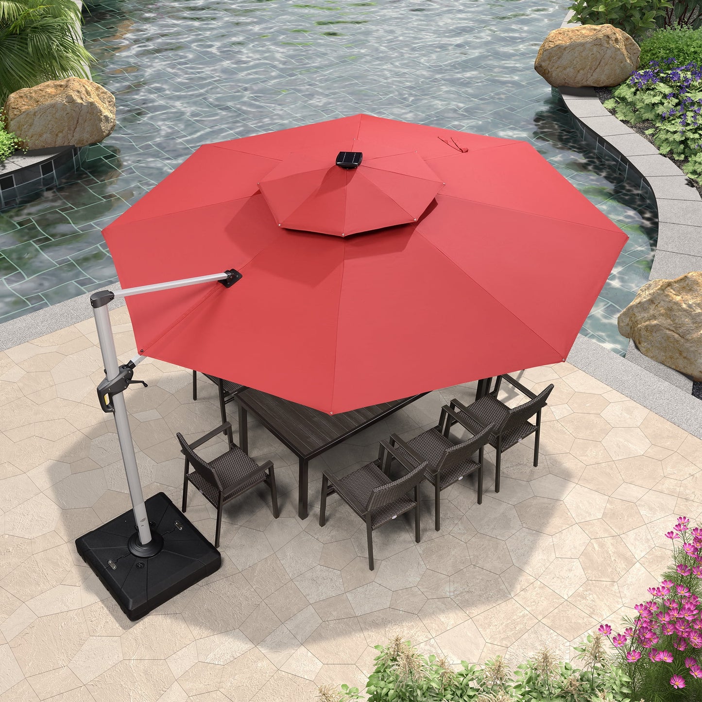 PURPLE LEAF 10FT Deluxe Round Solar Powered LED Patio Umbrella, Large Offset Cantilever Umbrella with 360° Rotation, Beige