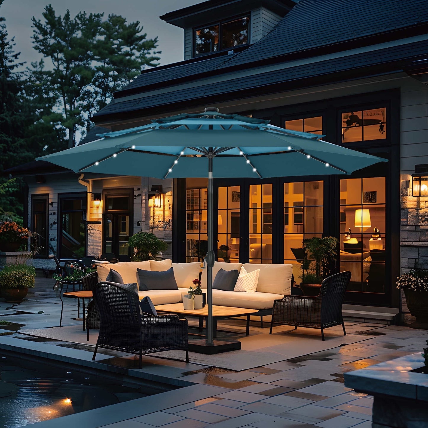 Summit Living 10ft Patio Umbrella with Solar Lights 3-Tier Vented Outdoor Market Umbrella with Auto-Tilt – Beige