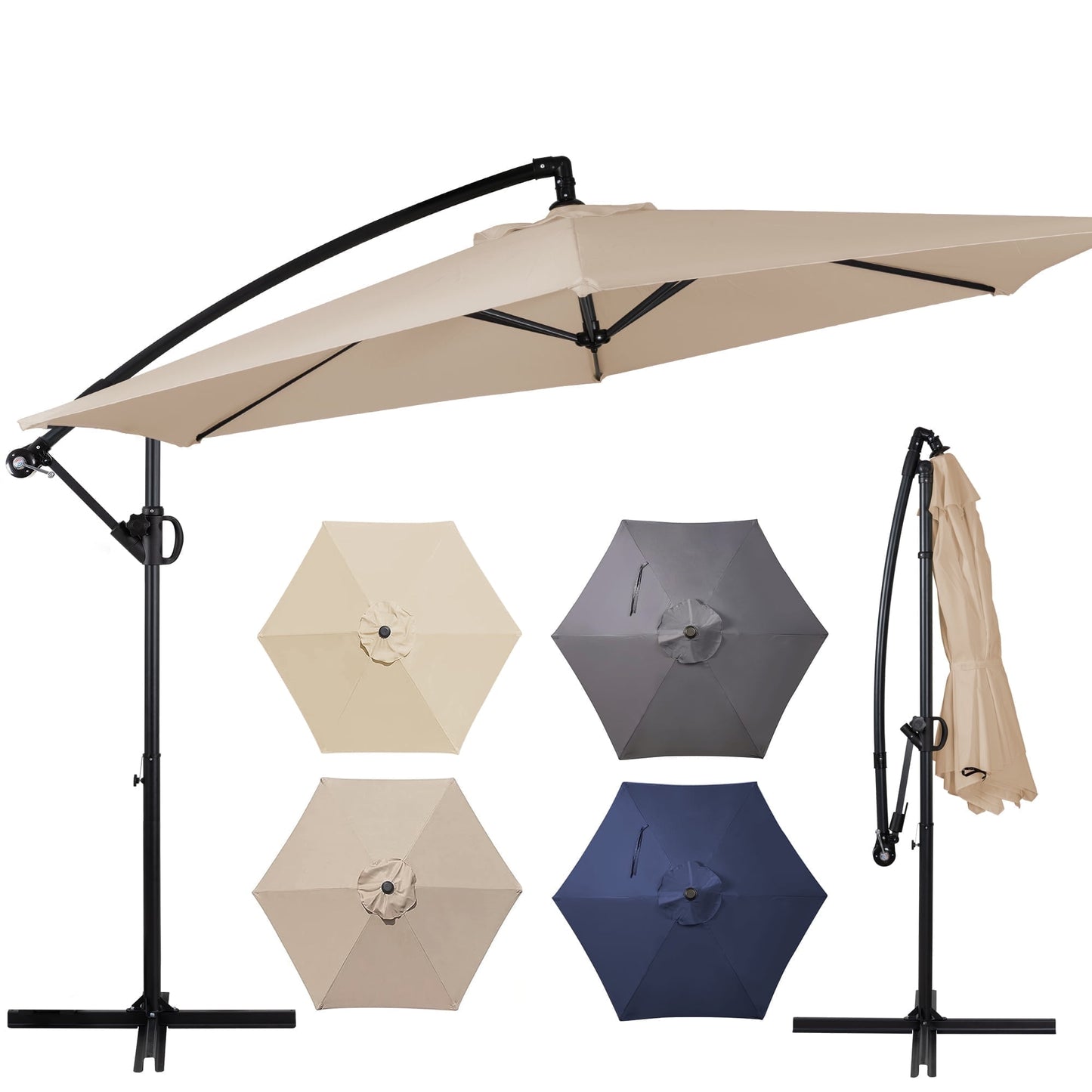 Walsunny 9FT Outdoor Hanging Offset Cantilever Umbrella with Cross Base, Patio Market Umbrella with Crank Sun Shade Canopy, Gray