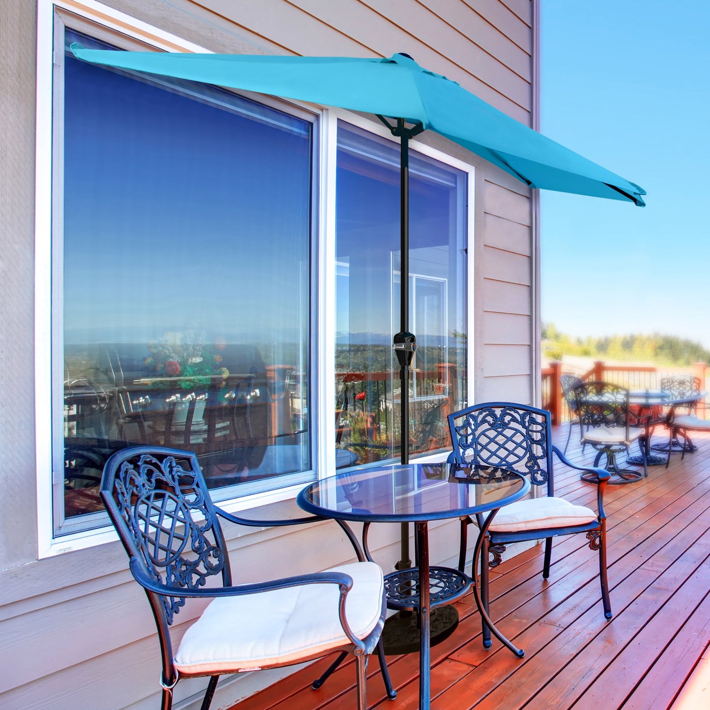 Pure Garden 9ft Half Umbrella for Balcony, Porch, or Deck, Brilliant Blue