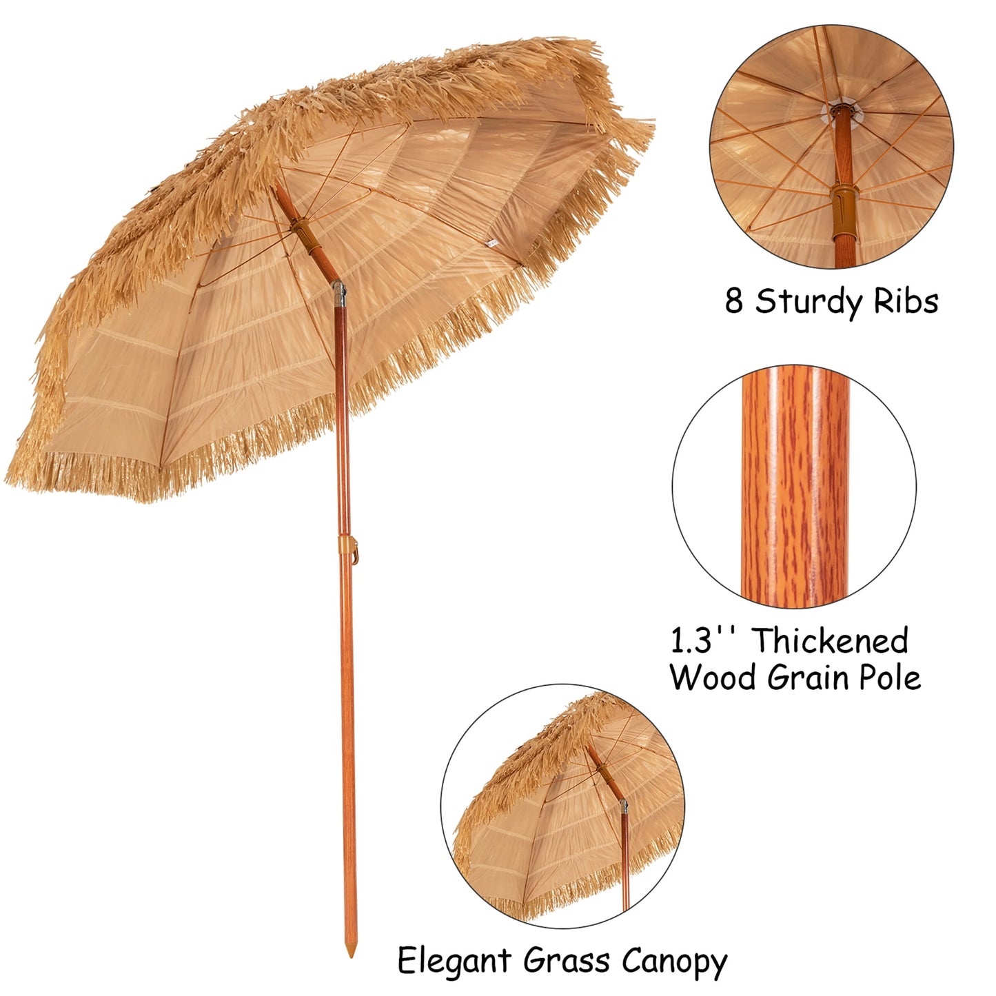 Costway 6.5 FT Thatched Beach Umbrella Tilt Tiki Hawaiian Patio Portable