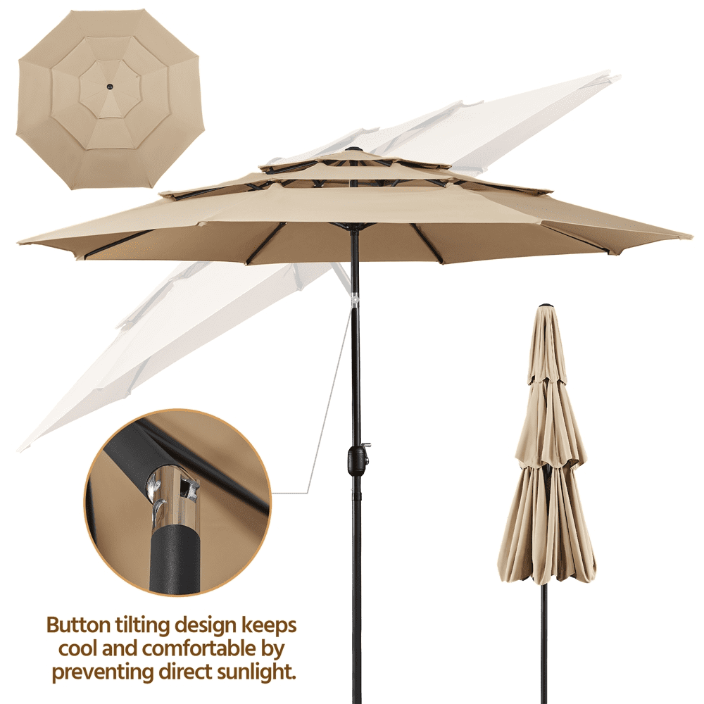 Topeakmart 10ft 3 Tier Patio Umbrella Outdoor Vented Table Umbrella with 8 Sturdy Ribs, Tan
