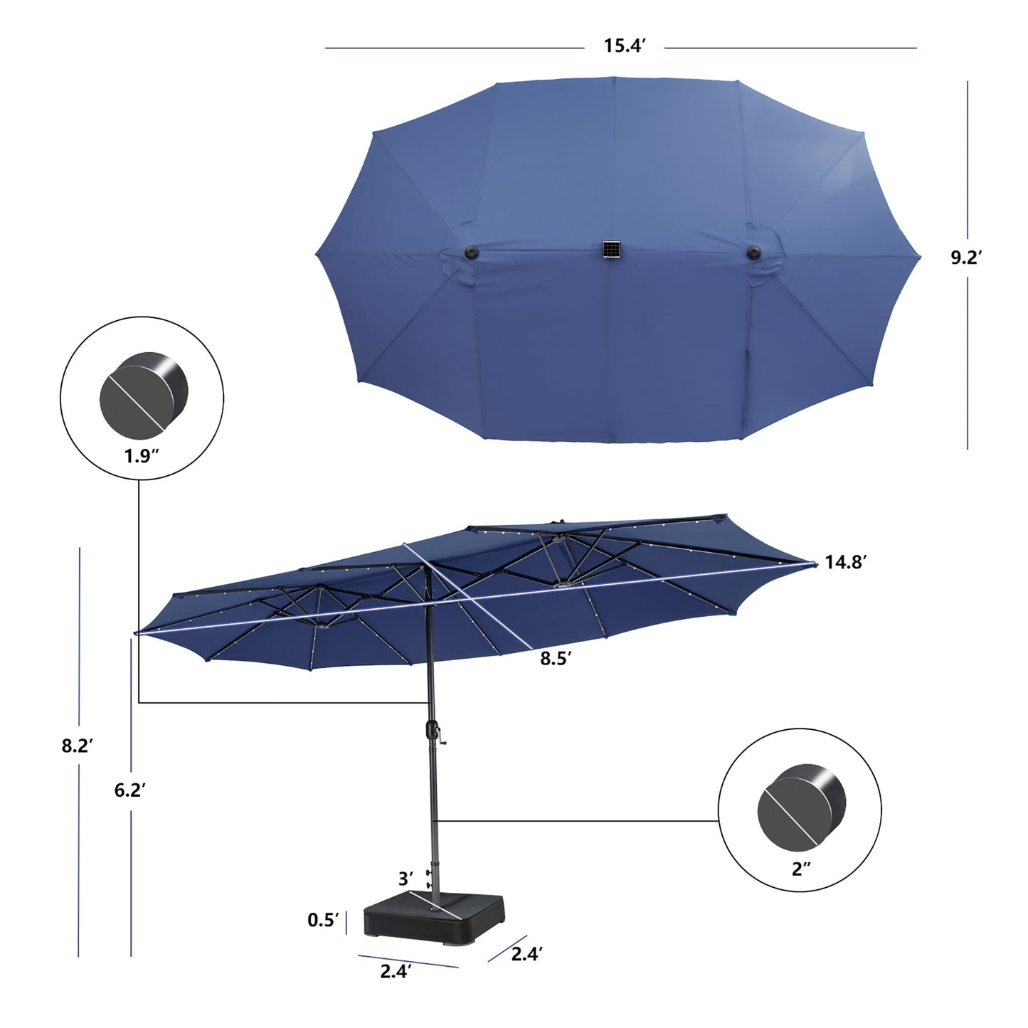 Gymax Outdoor 15' Double-Sided Patio Umbrella 48 Solar LED Lights Crank & Base Navy