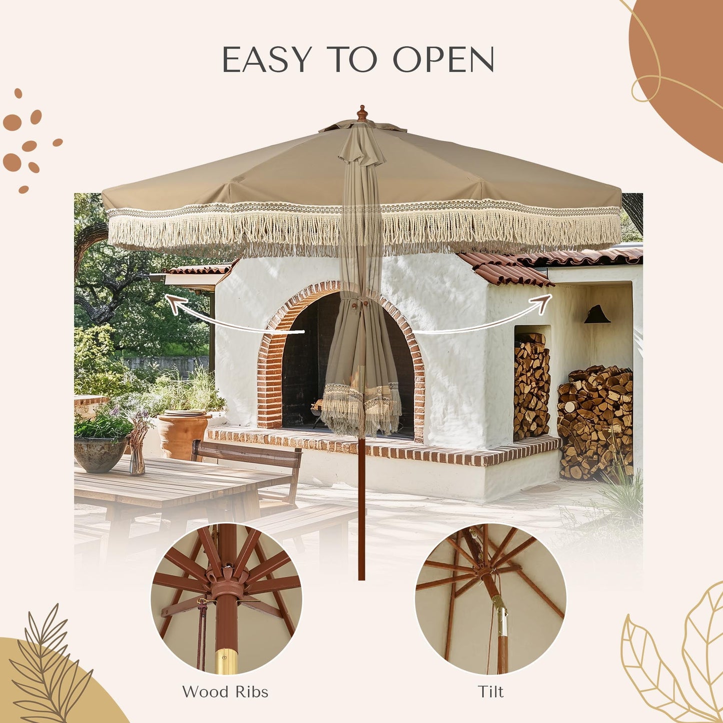 LAGarden BOHO 9' Fringe Patio Umbrella with Tassels UPF50+ Boho Style 5-Year-Non-Fading for Outdoor Yard Market Mocha Meander