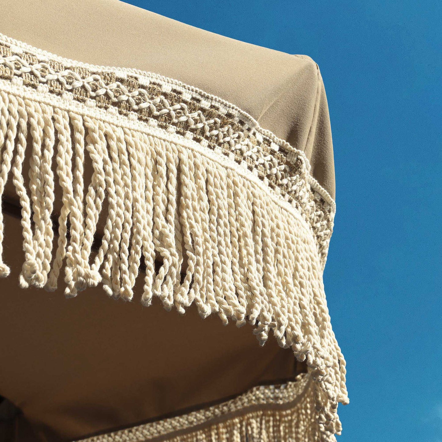 LAGarden BOHO 9' Fringe Patio Umbrella with Tassels UPF50+ Boho Style 5-Year-Non-Fading for Outdoor Yard Market Mocha Meander