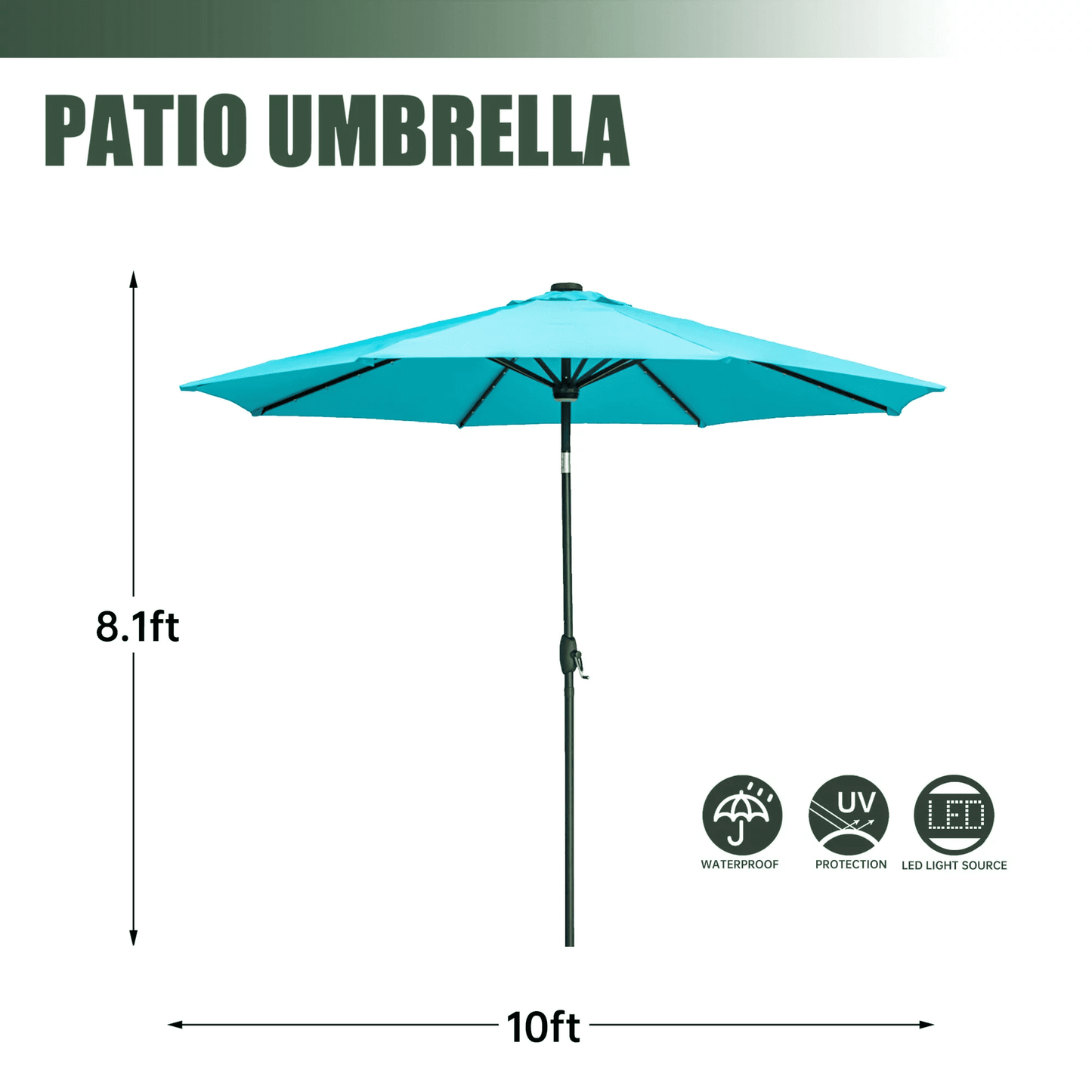 Ainfox 10ft Patio Umbrella Outdoor Solar Powered with 40 LED Lights,One Center Light and 8 Sturdy Ribs Without Base(Bule)