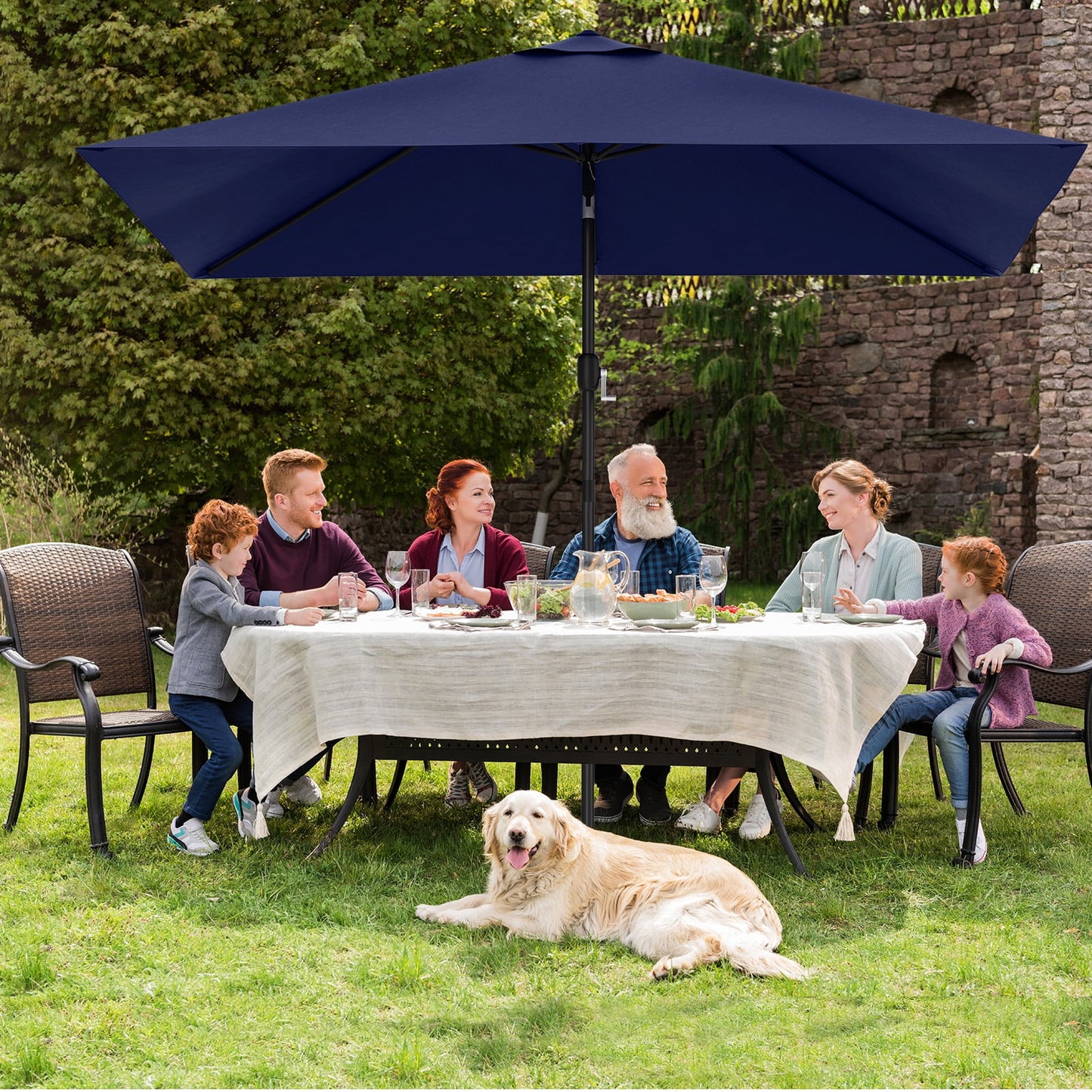Garpans 10ft Patio Umbrella Outdoor Table Market Umbrella with Push Button Tilt and Crank Handle,Sun Shelter UV Protection Rectangular Beach Umbrellas,Navy Blue