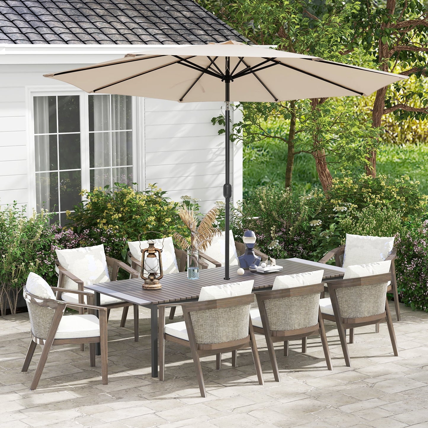 Costway Outdoor Heavy Duty Market Umbrella with Tilt Mechanism Crank Handle 8 Sturdy Ribs