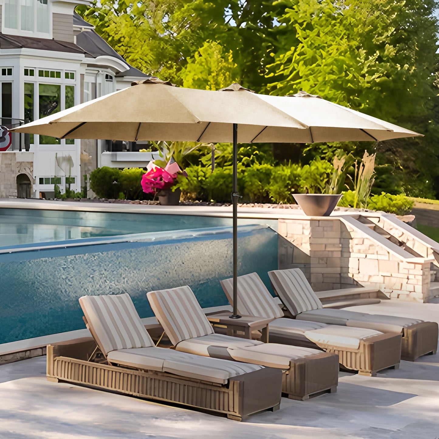 Greforg 15FT Triple Outdoor Patio Umbrella with Base Included & Vented Canopy, Waterproof & UV Protection, Ideal for Garden, Deck, Poolside, and Restaurant Beige