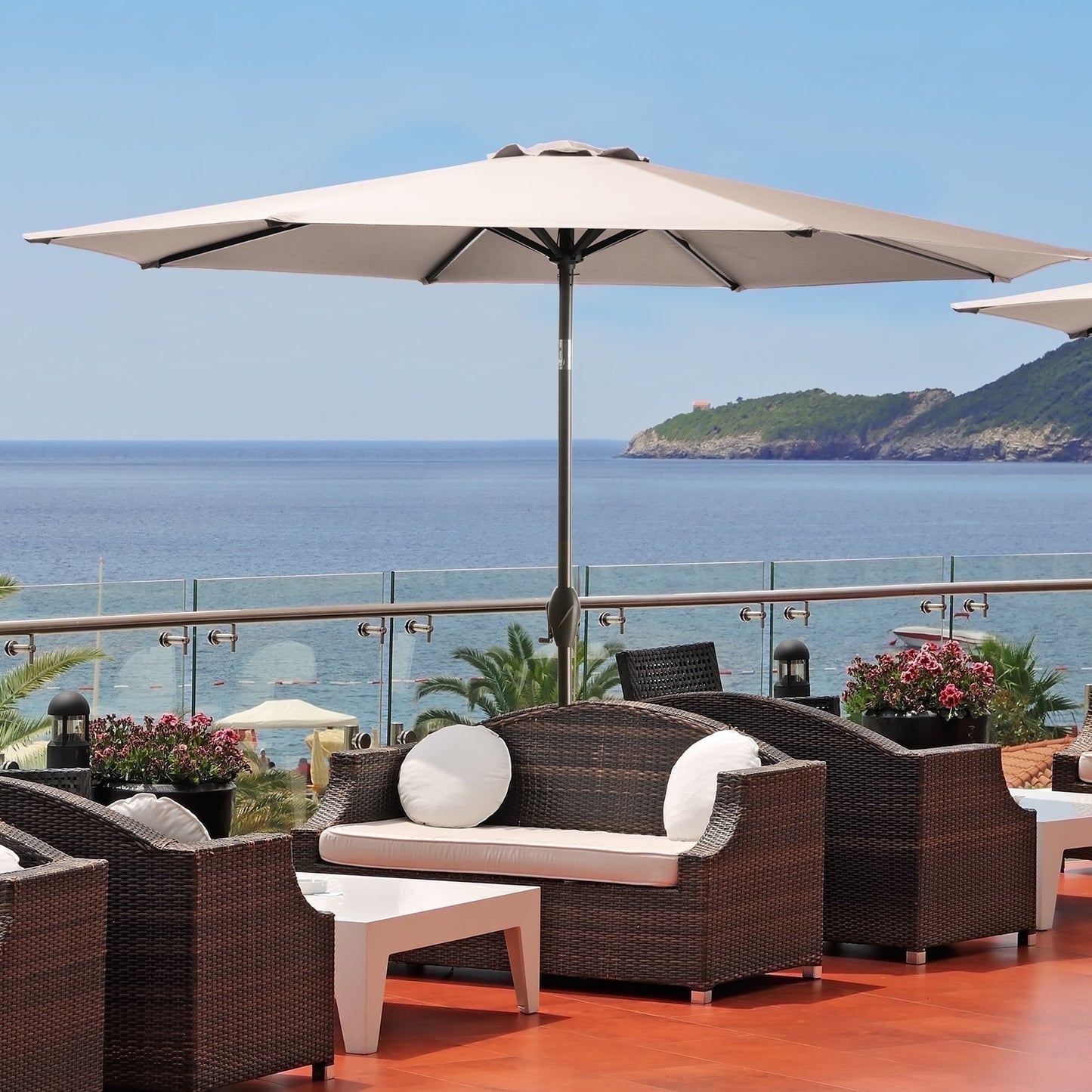 JUSTLET 10ft Patio Umbrella w/ Easy Crank & Tilt, 8-Rib Heavy-Duty Market Umbrella - Outdoor Umbrella for Backyard, Garden, Patio, Deck, Cafe, and Restaurant, Deck & Backyard - Beige