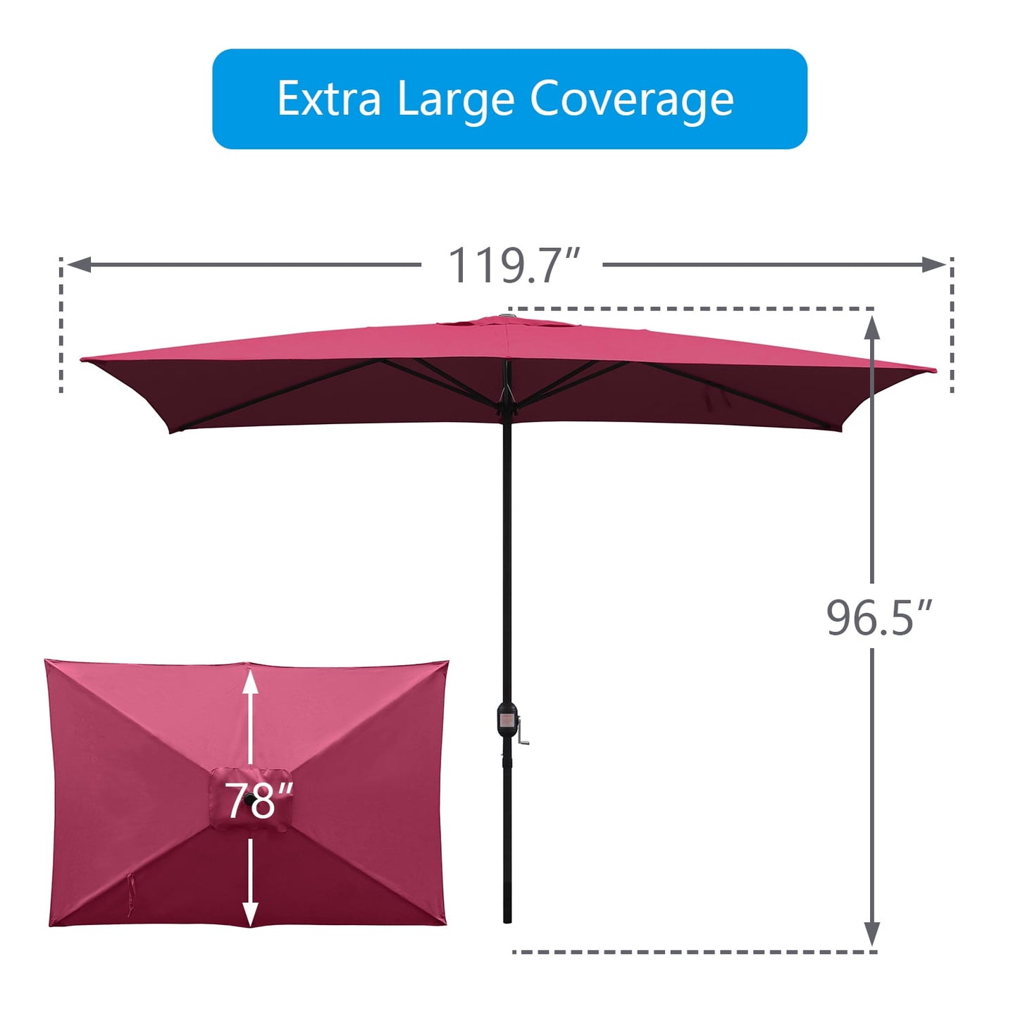 Maypex 10x6.5ft Rectangular Patio Umbrella with Crank Handle, Outdoor Market Umbrella with 6 Sturdy Umbrella Ribs, Waterproof, Burgundy