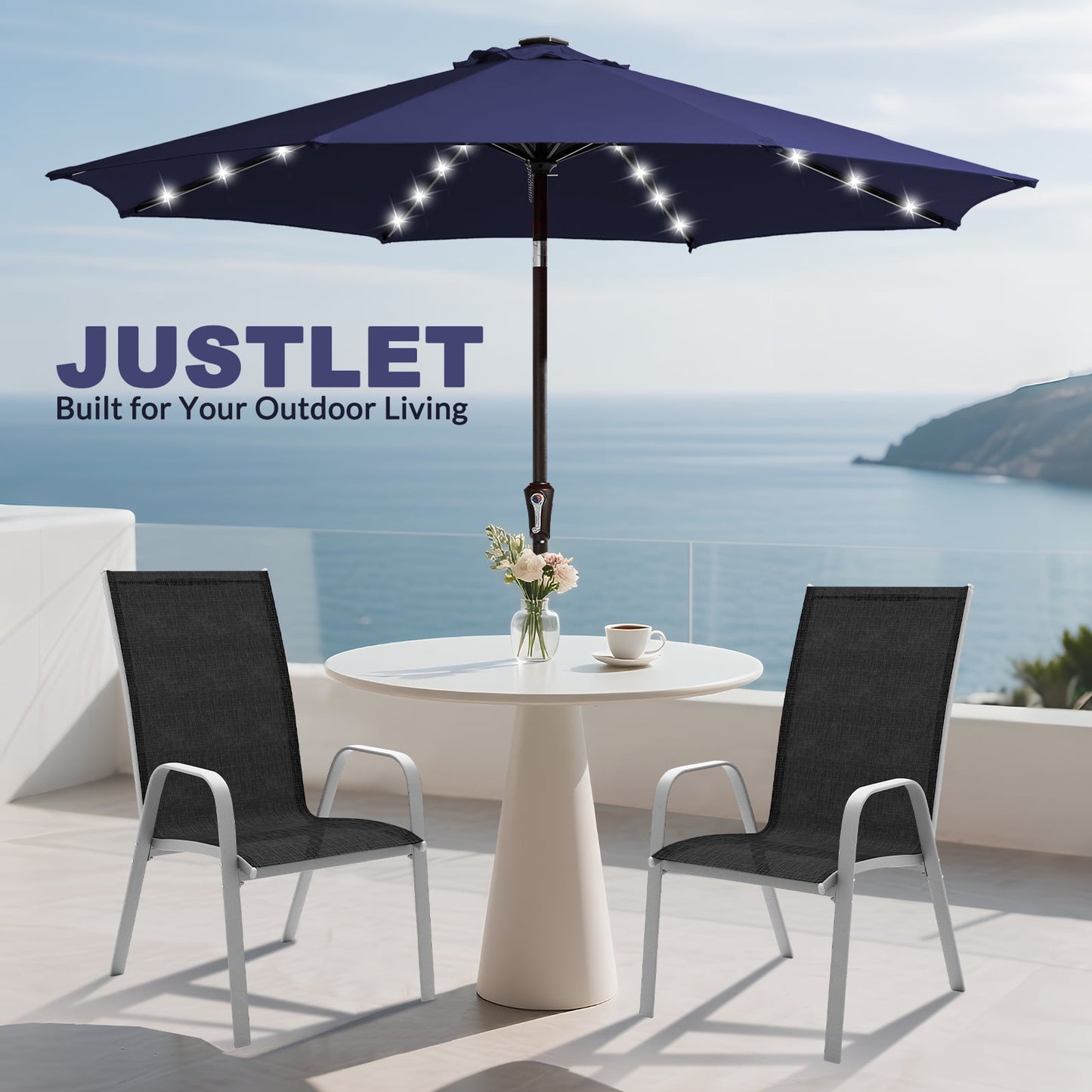 JUSTLET 10 ft Patio Umbrella for Table, Outdoor Sun Umbrella with LED Solar Lights, Navy Blue