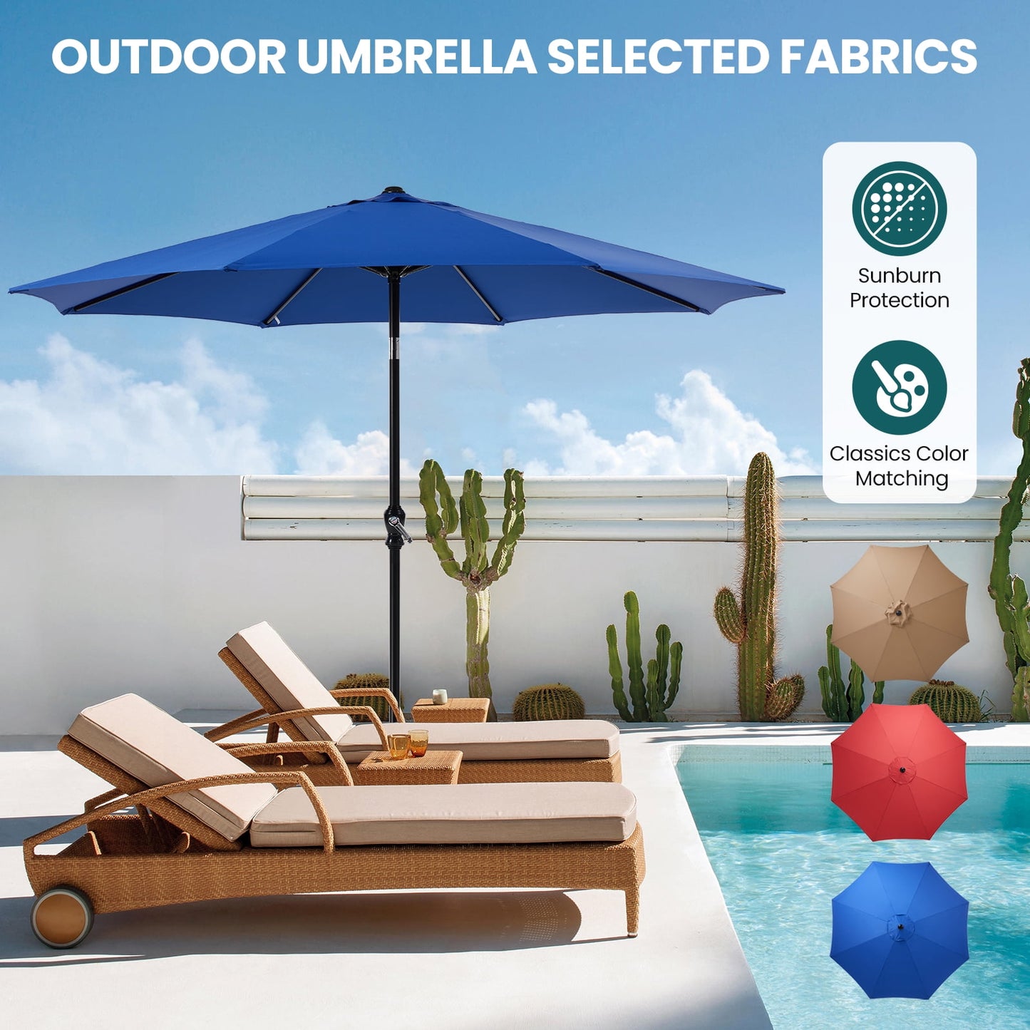 JOINSUN Outdoor Patio Umbrella with Push Button Tilt, 8 Robust Ribs, UV Protection, and Crank, Bule