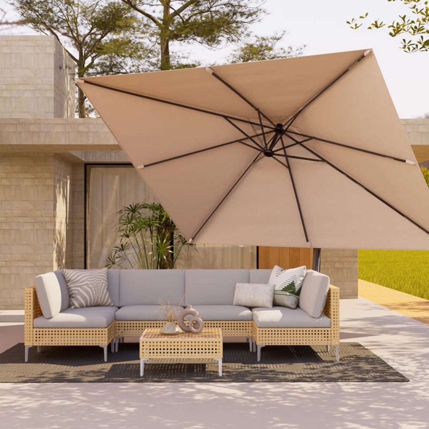 Grand Patio Patio Umbrellas 10x13 FT Rectangular Offset Umbrella, Large Patio Cantilever Umbrella with Base Aluminum Outdoor Umbrella for Garden Poolside, Champagne