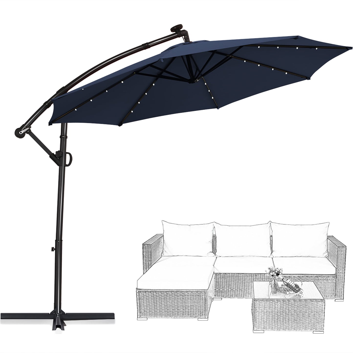 Costway 10FT Patio Offset Umbrella Solar Powered LED 360Degree Rotation Aluminum Navy