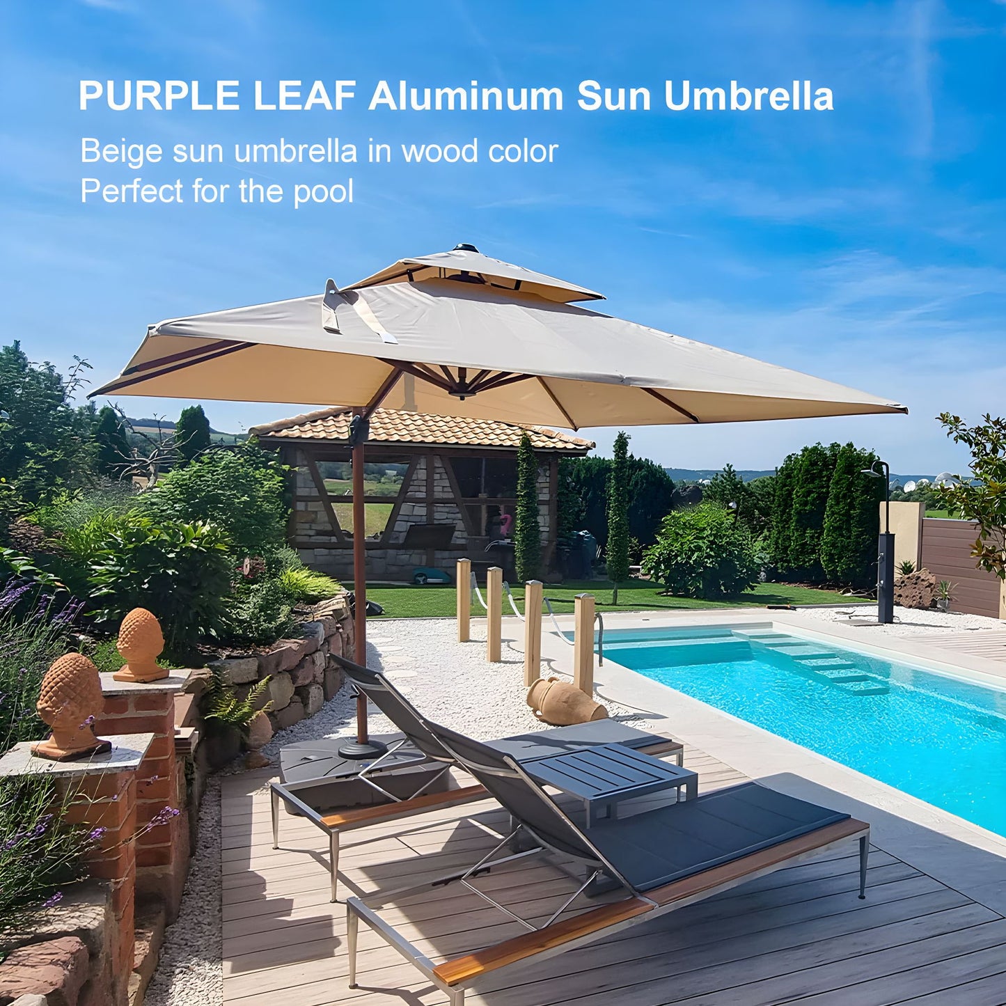 PURPLE LEAF 9FT Deluxe Square Wood Grain Patio Umbrella, Large Offset Cantilever Umbrella with 360° Rotation, Beige