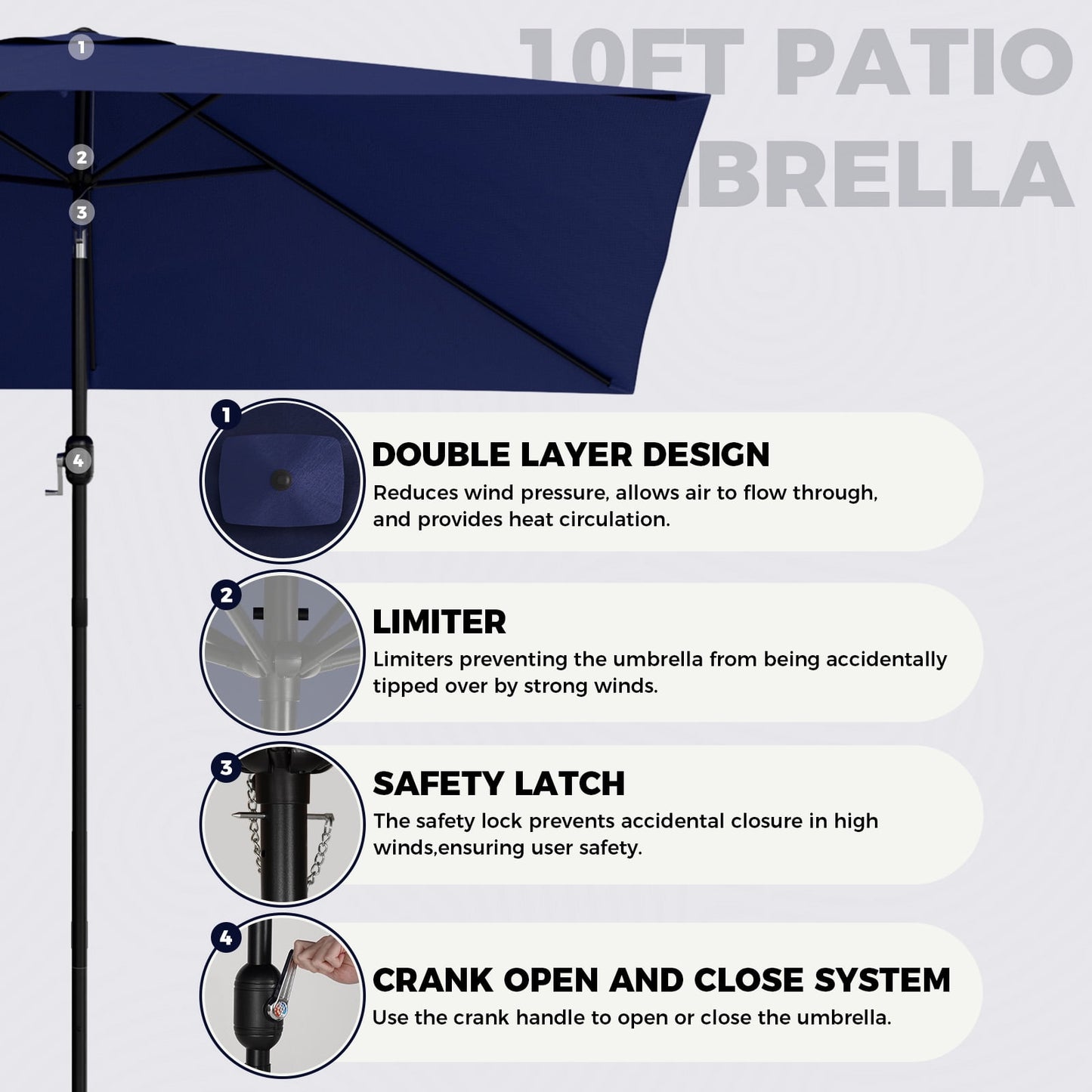 Garpans 10ft Patio Umbrella Outdoor Table Market Umbrella with Push Button Tilt and Crank Handle,Sun Shelter UV Protection Rectangular Beach Umbrellas,Navy Blue