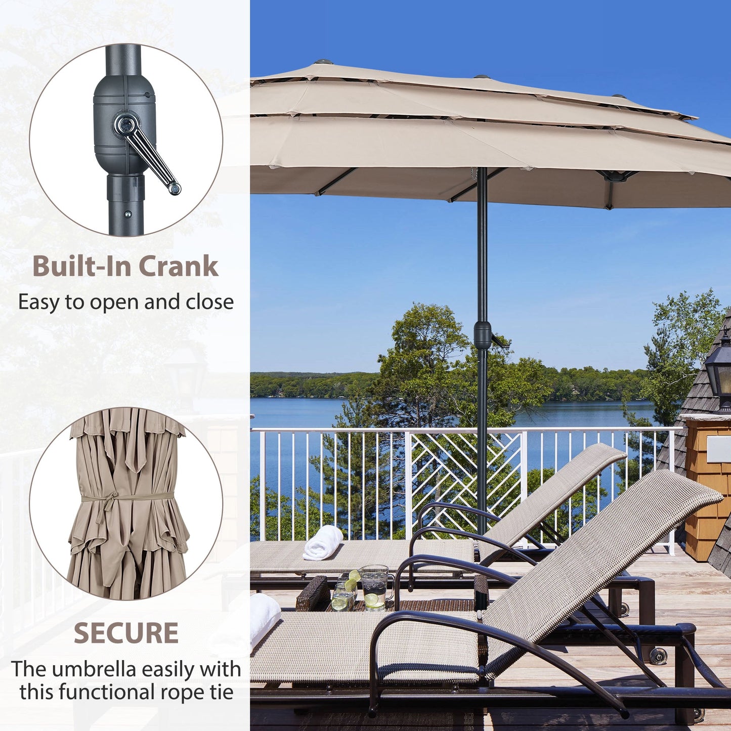 Autlaycil 15ft 3-Tiers Patio Umbrella with Airflow Smooth and Stable, Lock Bolt and Crank Rectangular umbrella for Deck Lawn Garden Yard, Beige