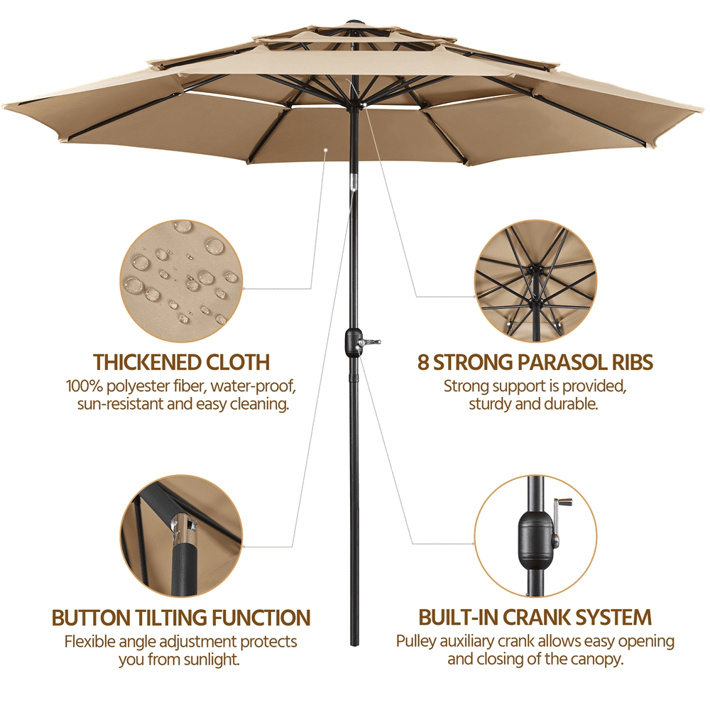 Topeakmart 10ft 3 Tier Patio Umbrella Outdoor Vented Table Umbrella with 8 Sturdy Ribs, Tan